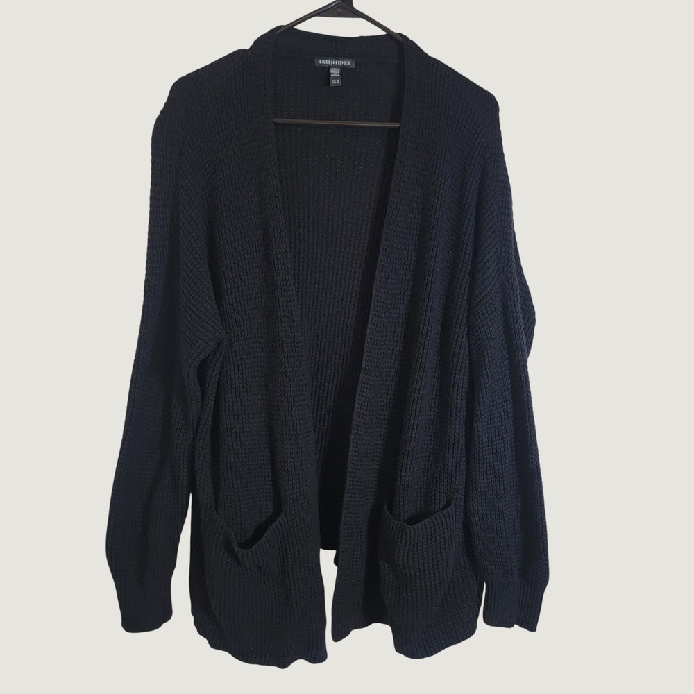 Eileen Fisher Black Open Knit Cardigan Medium Organic Cotton Cashmere Minimalist